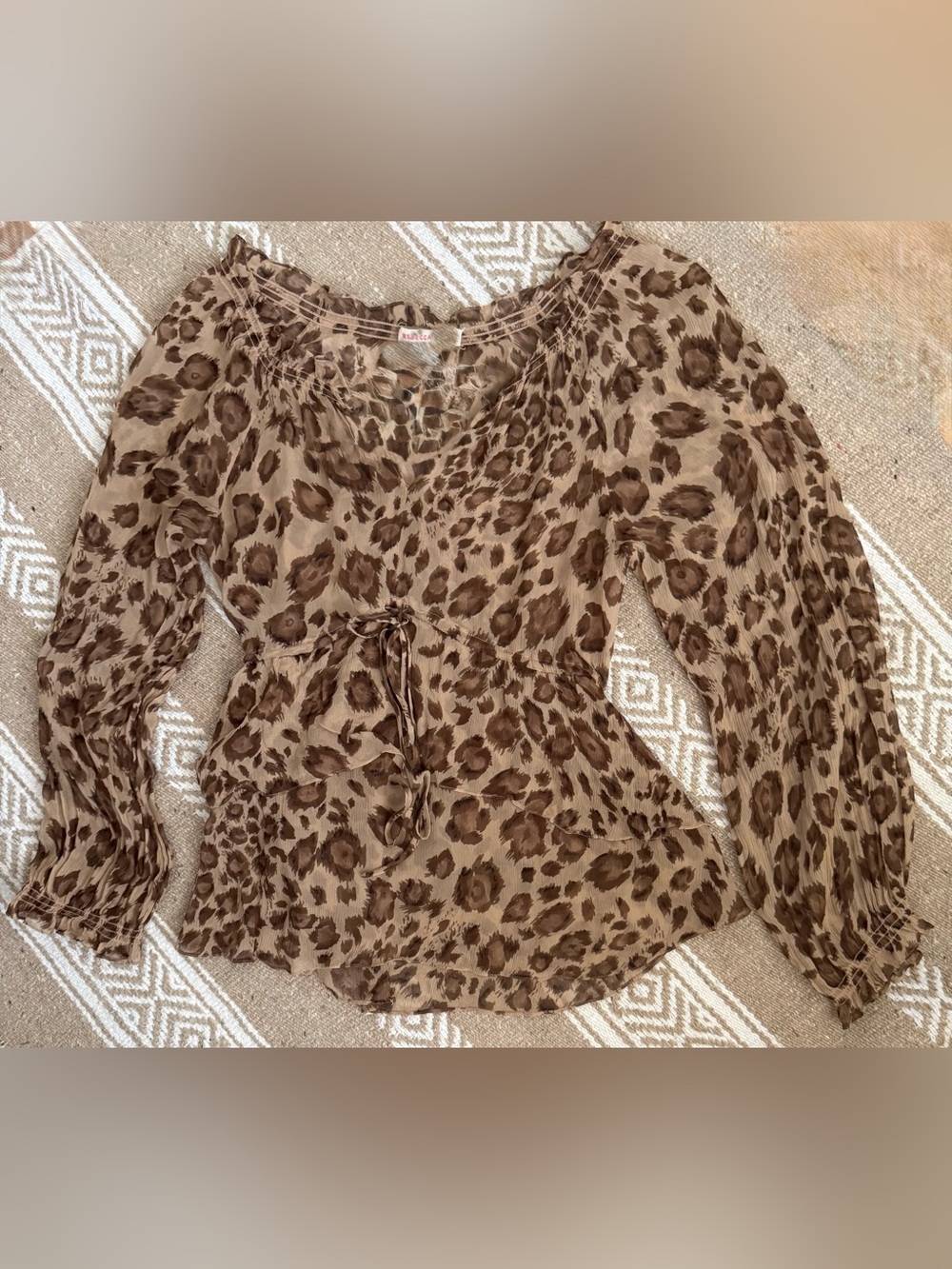 Vintage Rebecca Taylor Sheer Silk Brown Leopard Print Peasant Blouse Top 4 S/M